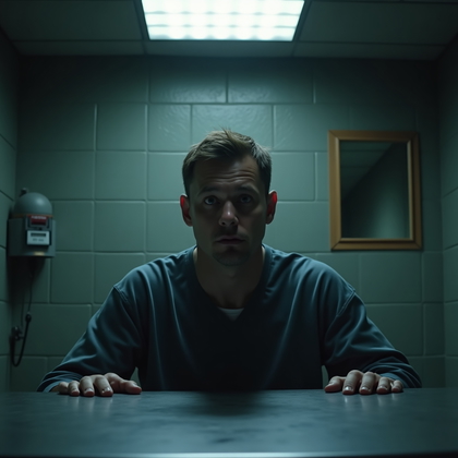 AI-generated photo: Photorealistic prison interrogation room close-up, the subject seated at a metal table with hands ou...