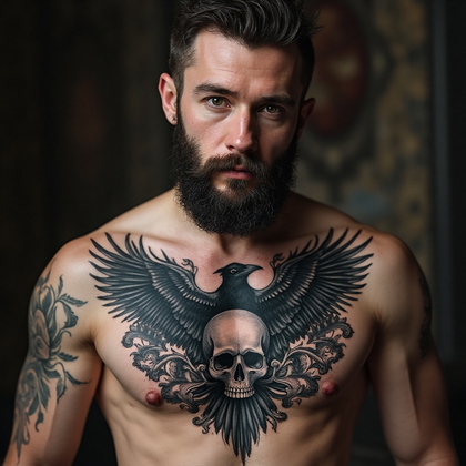 AI-generated photo: Photorealistic photography of a man with a gothic blackwork chest tattoo featuring a detailed raven ...