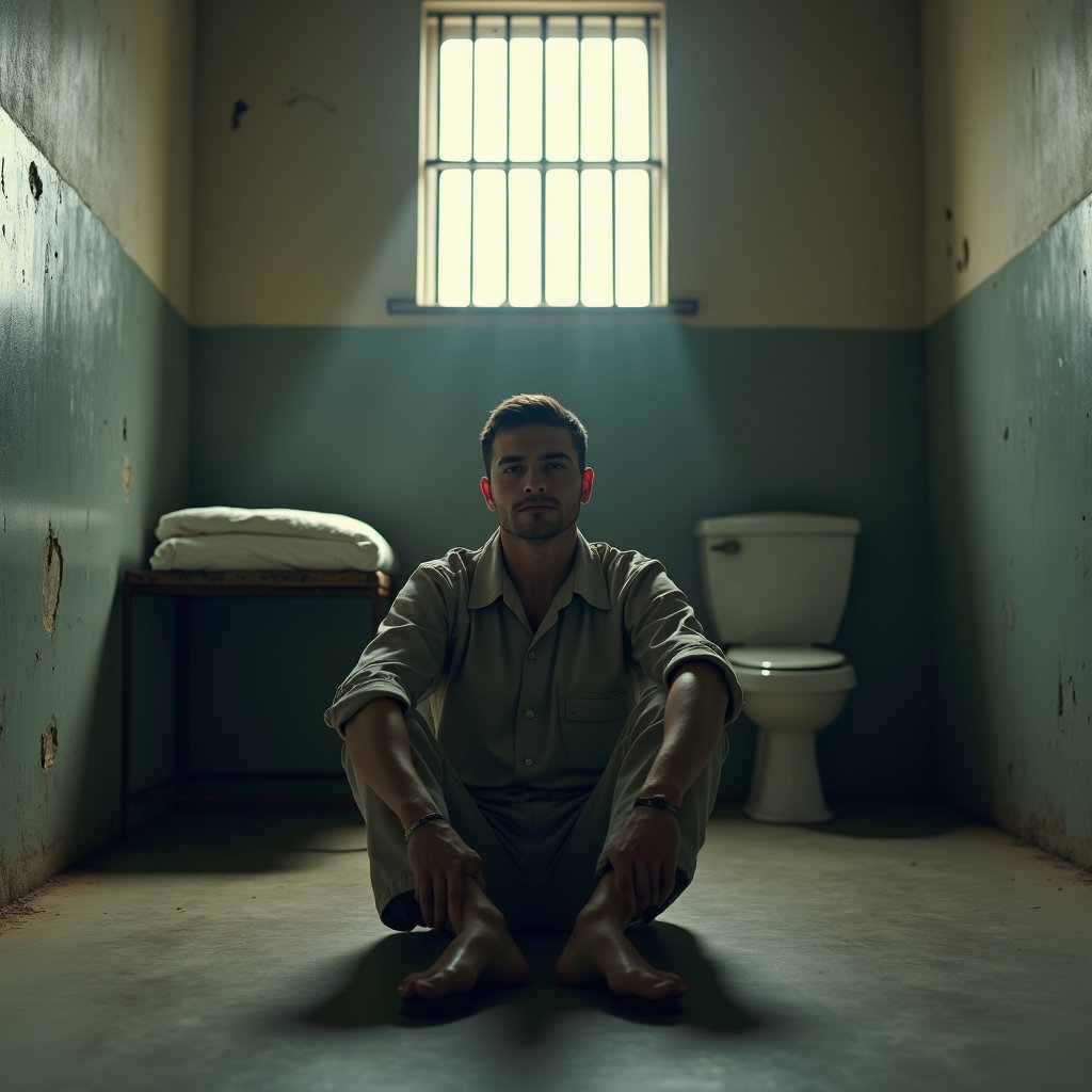 AI-generated photo: Photorealistic prison portrait photograph, the person sits on the floor in the center of a solitary ...