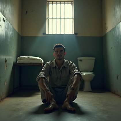 AI-generated photo: Photorealistic prison portrait photograph, the person sits on the floor in the center of a solitary ...