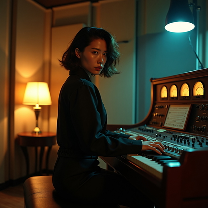 Photorealistic fashion-forward portrait inside an analog recording studio lined with acoustic panels, vintage meters, and coiled cables, the subject seated on a piano bench angled slightly away, turning their head back to the lens with a poised, smoldering expression. A tungsten desk lamp paints a golden key across the face while a muted teal backlight traces a crisp rim along the silhouette, and a faint room haze lifts micro-contrast for a cinematic sheen. The composition is symmetrical with the console and piano framing the subject, glossy black keys and brushed metal knobs creating tactile accents that guide attention toward the face.