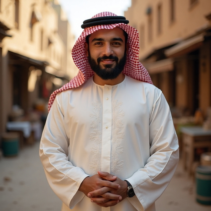 AI-generated photo: Cultural Attire Portrait featuring a man in a traditional Middle Eastern thobe, made from fine white...