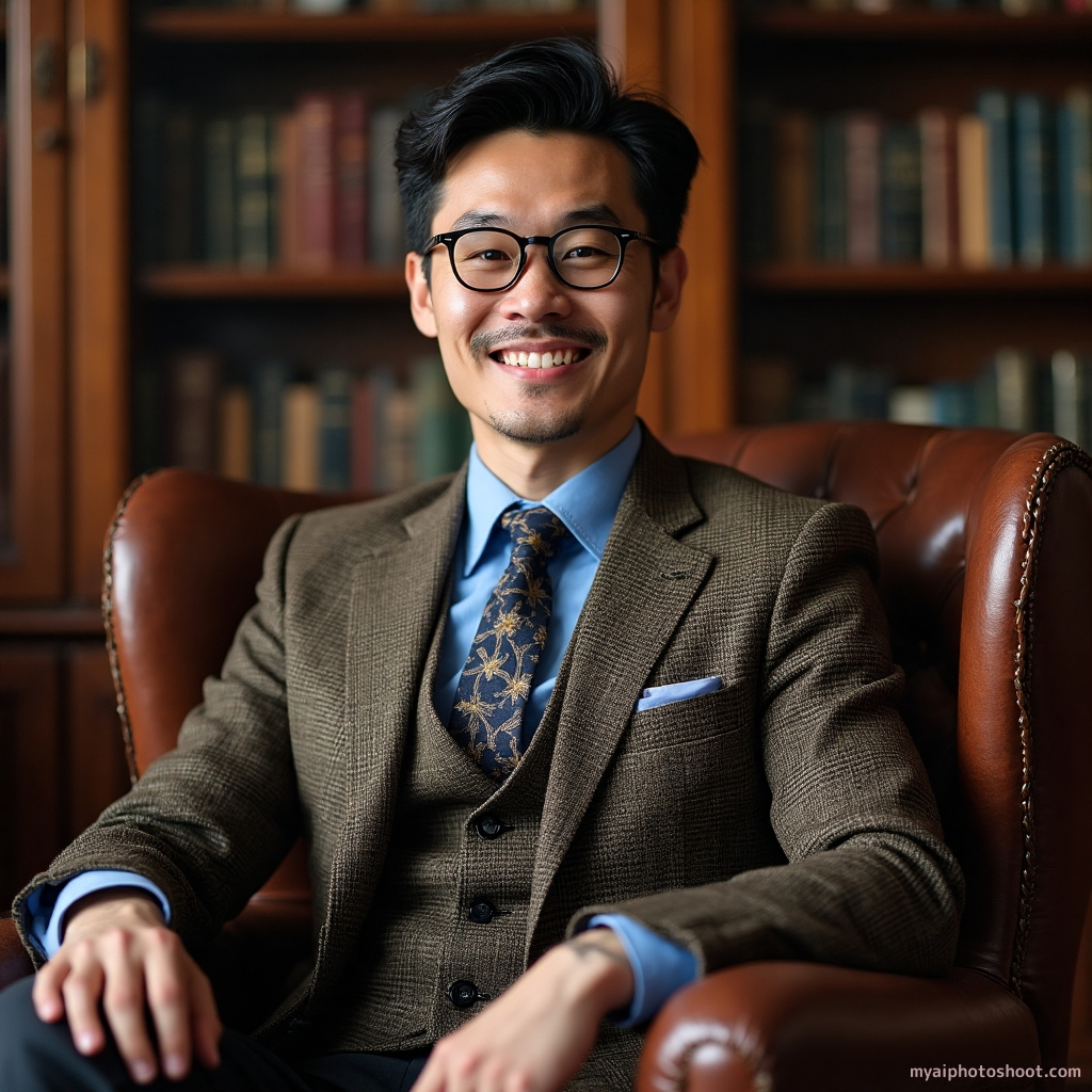 Professional headshot of a man in a dark brown, tweed suit, the fabric showcasing a classic houndstooth pattern that adds texture and depth. The suit is paired with a sky blue shirt and a coordinating patterned tie, the ensemble evoking a sense of vintage sophistication. He is seated in a leather armchair, his body angled slightly toward the camera, hands resting casually on the armrests. His expression is warm and engaging, with a gentle smile that exudes approachability. The background features a tastefully decorated study with wooden bookshelves filled with books, adding an intellectual and cultured ambiance. The lighting is soft and warm, creating an inviting atmosphere that highlights the subject's face and attire with clarity.