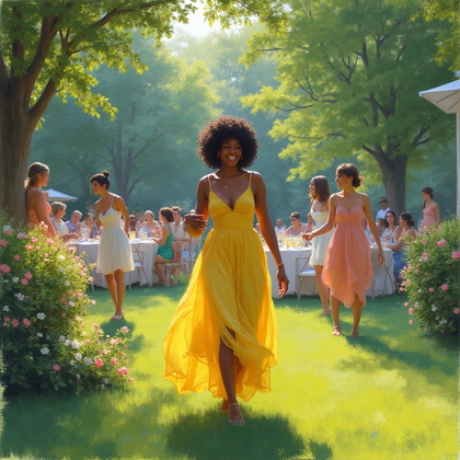 AI-generated photo: Impressionist painting. An idyllic garden party scene set in the late afternoon, where the interplay...