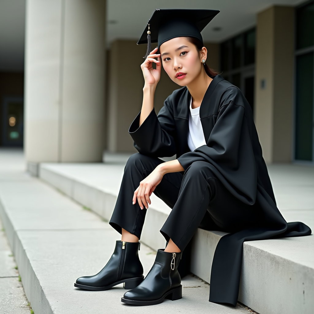 AI-generated photo: Photorealistic fashion portrait photography, the subject sits sideways on a concrete ledge outside a...
