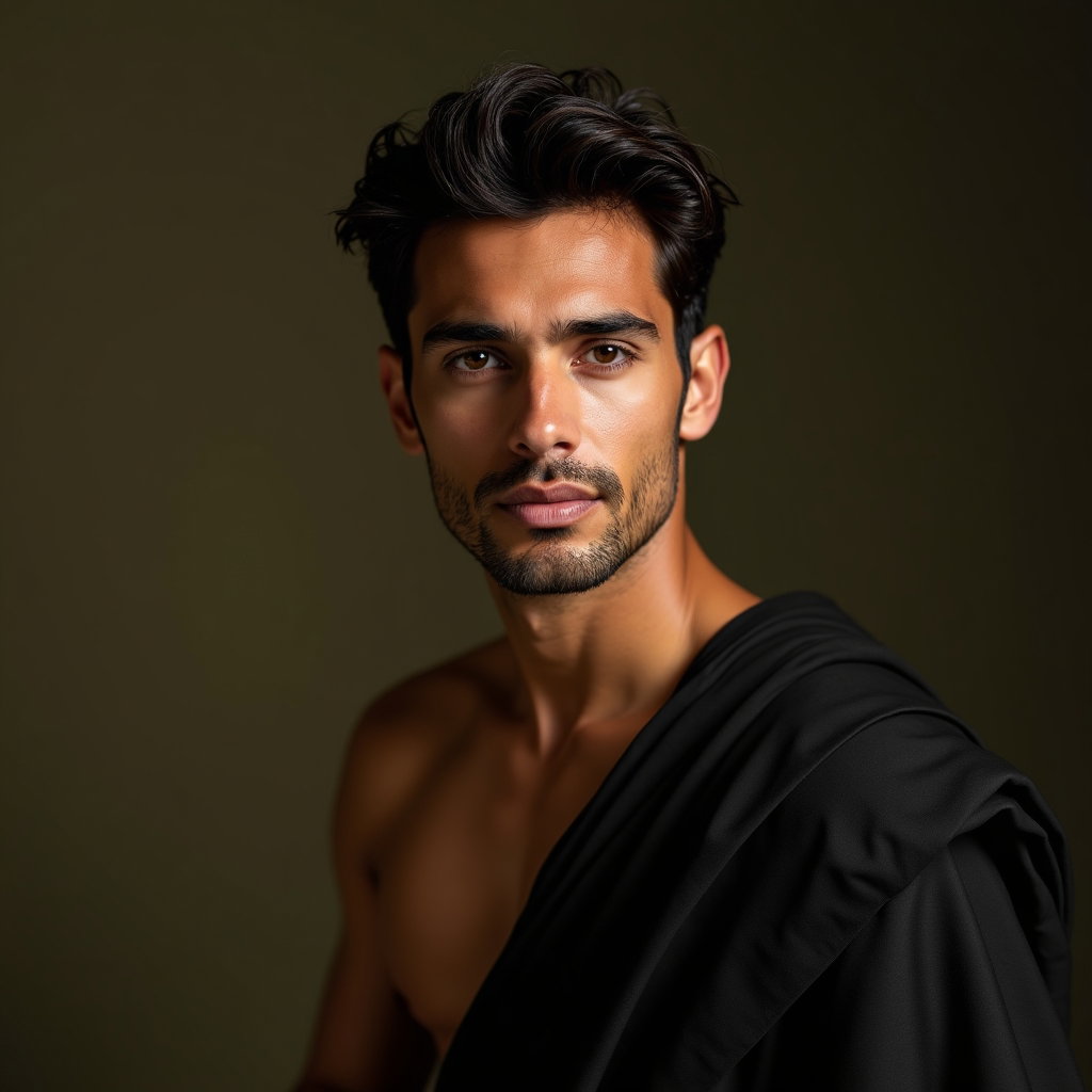 Solo Clean Mythic Portrait Without Costume Clutter example: Editorial mythic hero portrait photography. Magazine-cover style three-quarter portrait with the subject leaning slightl