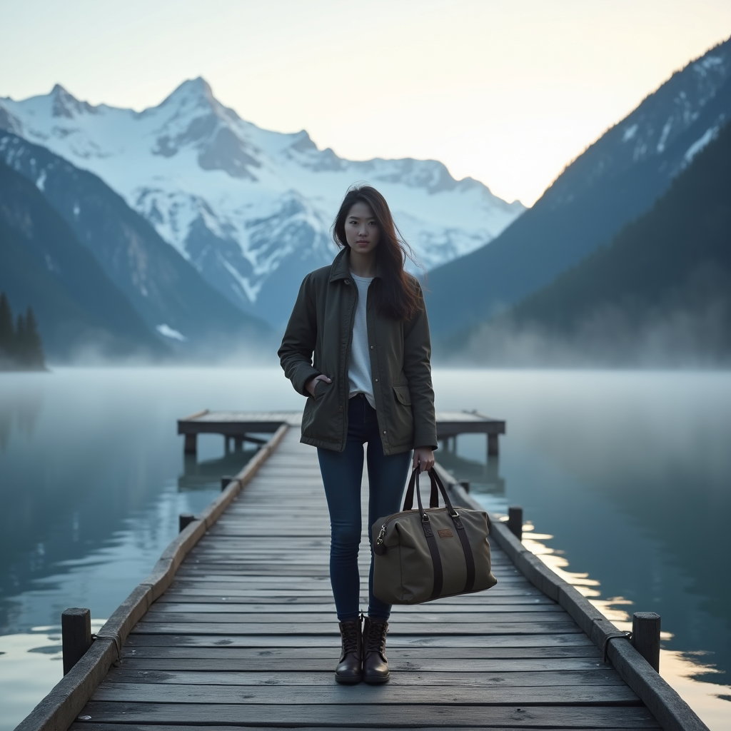 AI-generated photo: Photorealistic travel lifestyle photography: a misty alpine lake at first light with a glass-still s...