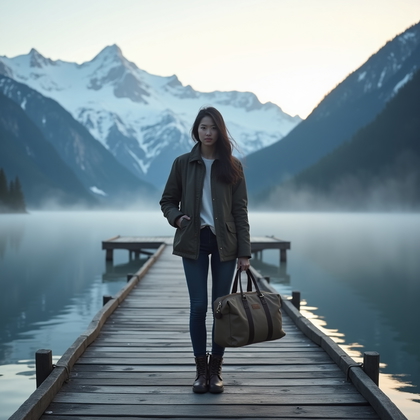 AI-generated photo: Photorealistic travel lifestyle photography: a misty alpine lake at first light with a glass-still s...