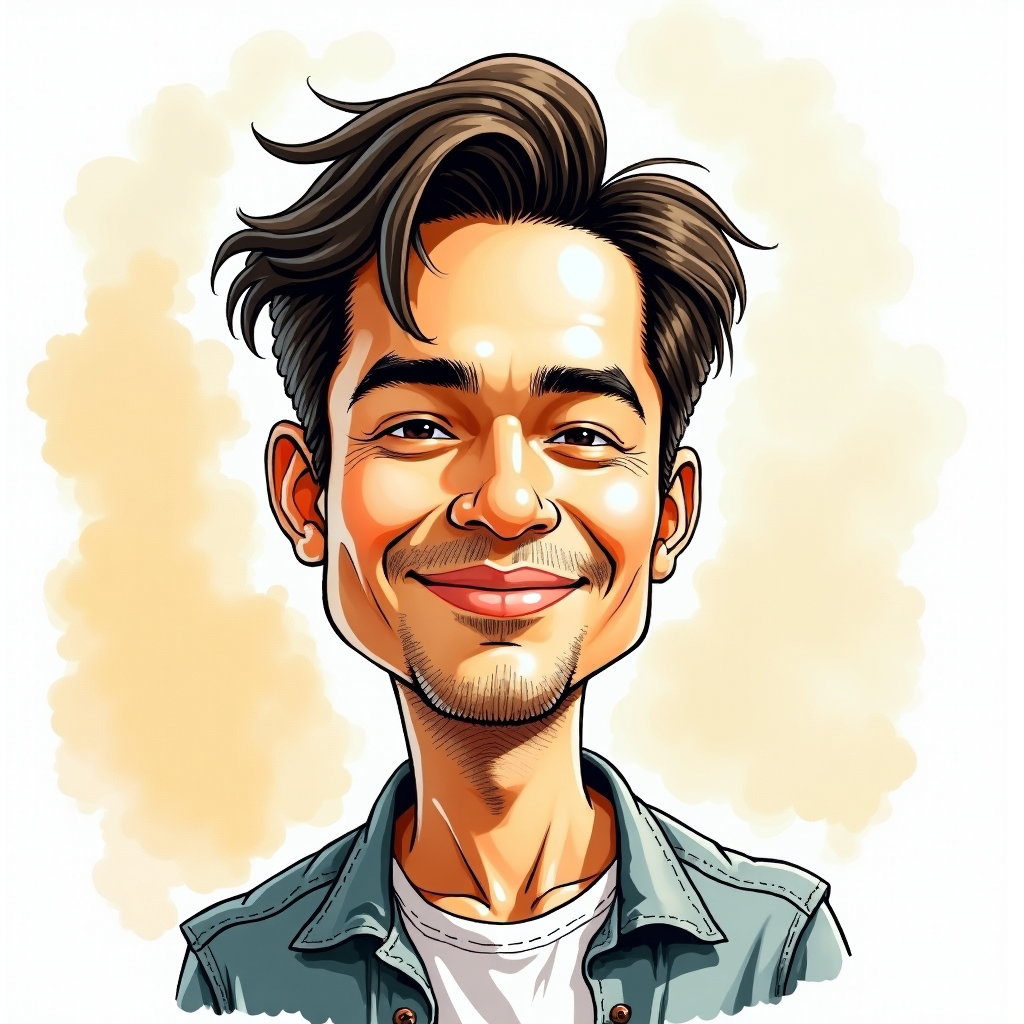 AI-generated photo: Caricature ink-and-watercolor illustration. Frontal, head-and-shoulders composition with expressive ...