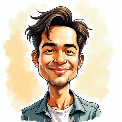 AI-generated photo: Caricature ink-and-watercolor illustration. Frontal, head-and-shoulders composition with expressive ...