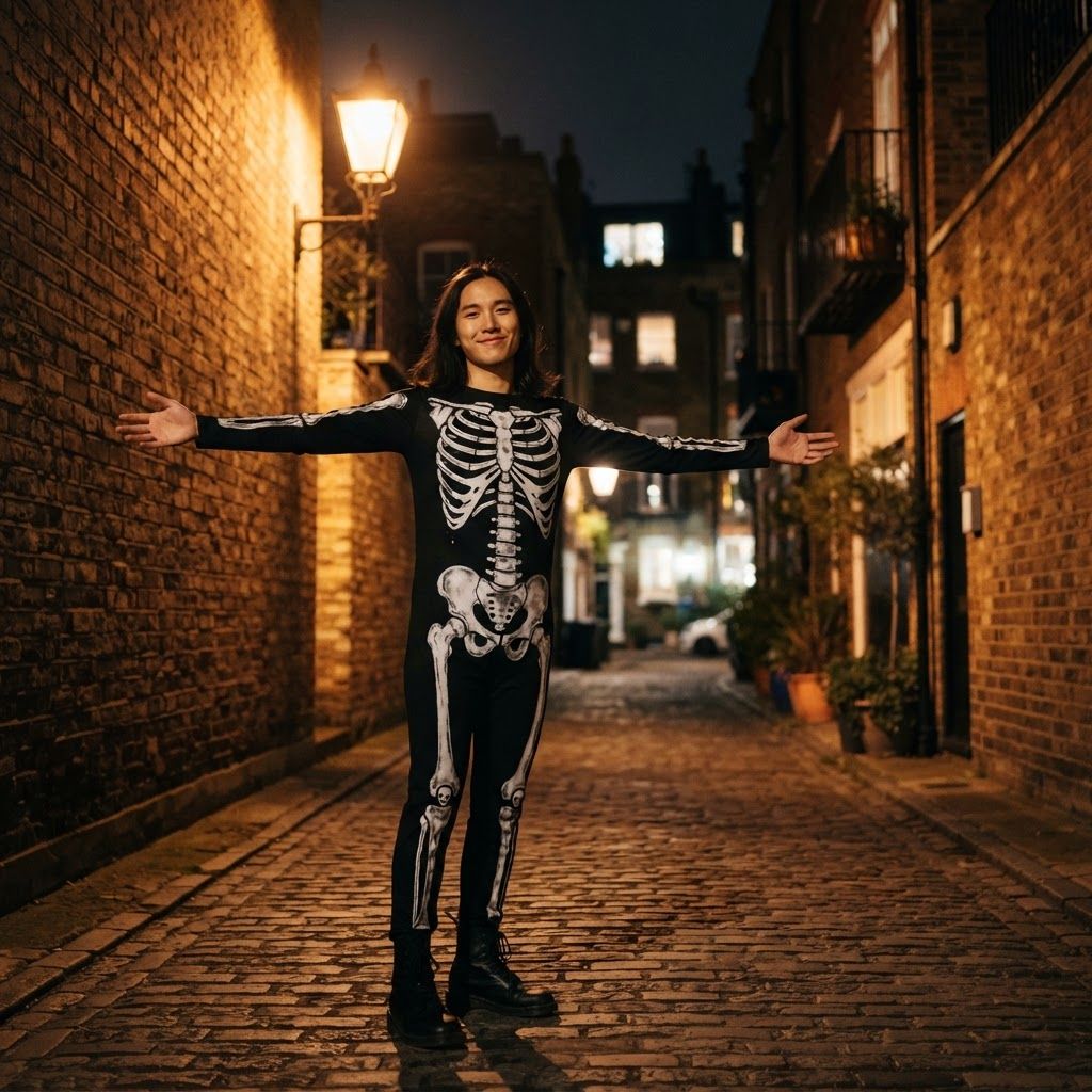 Skeleton Under a Streetlight: Lone skeleton costume on a quiet brick-lined side street at night, framed wide enough to include the streetlight and full figure.