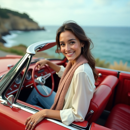 Photorealistic dating profile photo: classic coastal road turnout with a vintage convertible parked toward a sweeping ocean vista, soft maritime haze rendering the sea and cliffs in pastel gradients, and polished chrome providing bright highlights for natural fill. The subject sits on the open driver’s door with one foot planted and torso angled toward the camera, hands resting casually near the window frame, confident posture and a playful, inviting smile. Wardrobe is road-trip refined (crisp open-collar shirt or silk blouse, tailored denim or trousers), a lightweight scarf adding tasteful movement. Light is bright overcast for silky, shadow-free skin and clean, even illumination across the face with gentle catchlights. Compose a mid-torso crop with the car’s curves framing the subject, diagonal coastline lines guiding the eye, and subtle motion suggested by the scarf while keeping the face the undisputed focal point.