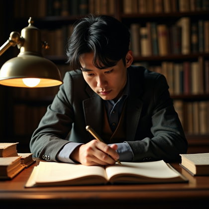 Dark Academia Library Poet Portrait example: Photorealistic editorial portrait photography. Half-body portrait at an antique library writing desk, the subject leanin