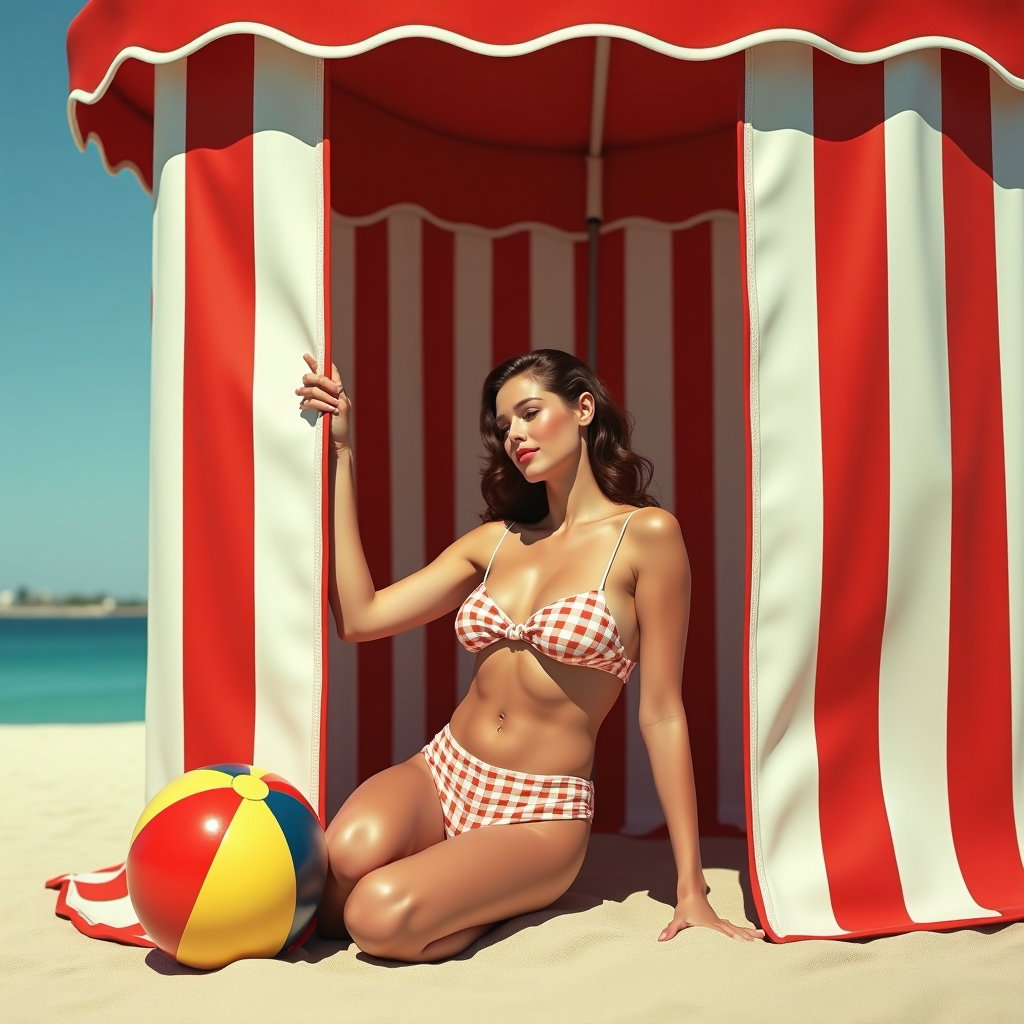 AI-generated photo: Photorealistic mid-century beach glamour photograph of a solo subject framed in the entrance of a re...