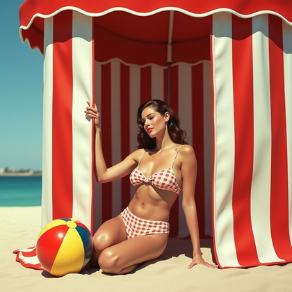 AI-generated photo: Photorealistic mid-century beach glamour photograph of a solo subject framed in the entrance of a re...