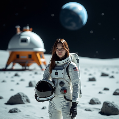 AI-generated photo: Photorealistic sci-fi portrait photography. A triumphant final portrait on the moon base exterior ob...