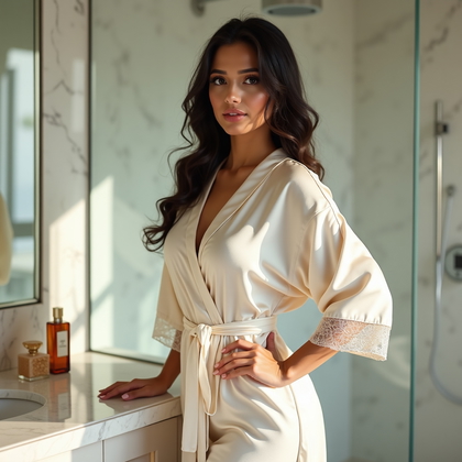 AI-generated photo: Photorealistic bridal boudoir photograph: a marble-and-glass spa bathroom setting with steam softly ...