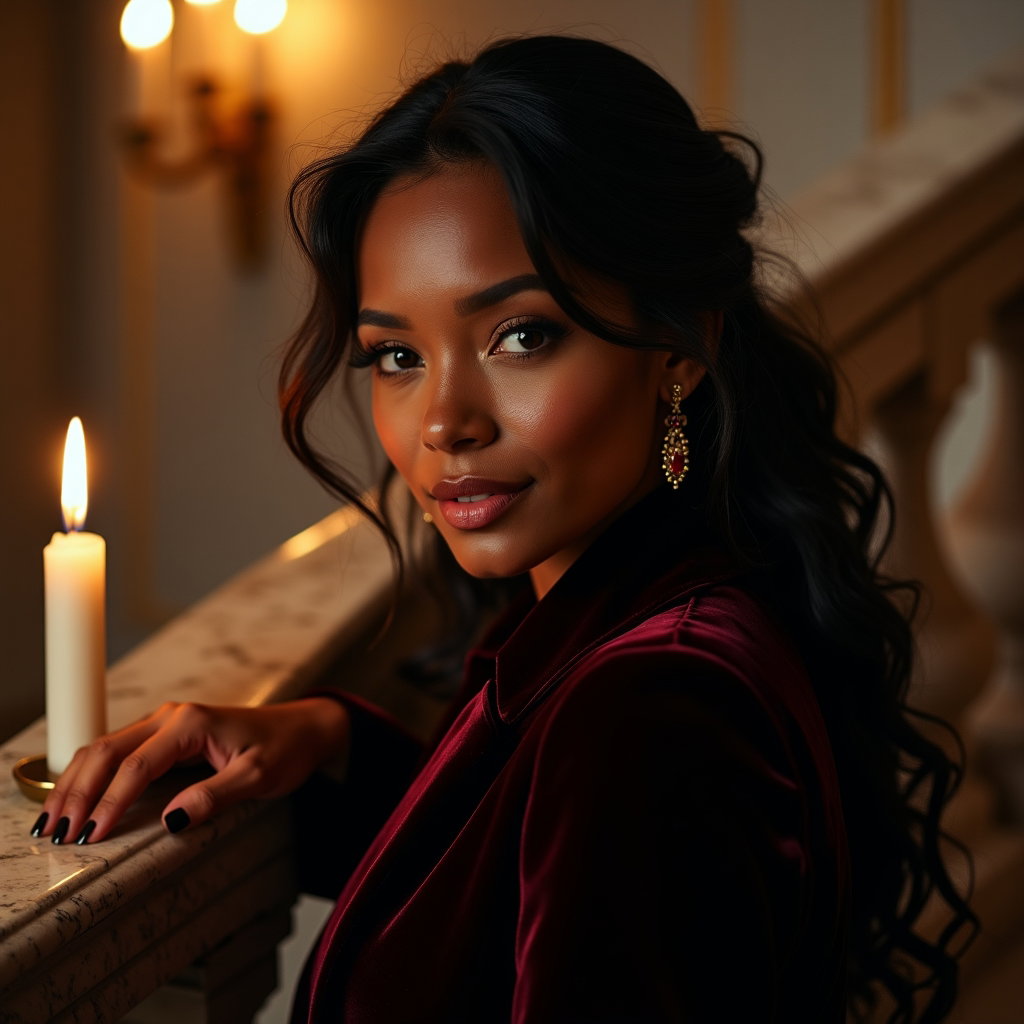 Regal Staircase Vampire Romance Portrait example: Cinematic gothic portrait photography. Close-up portrait on a grand marble staircase, face clearly visible, leaning ligh