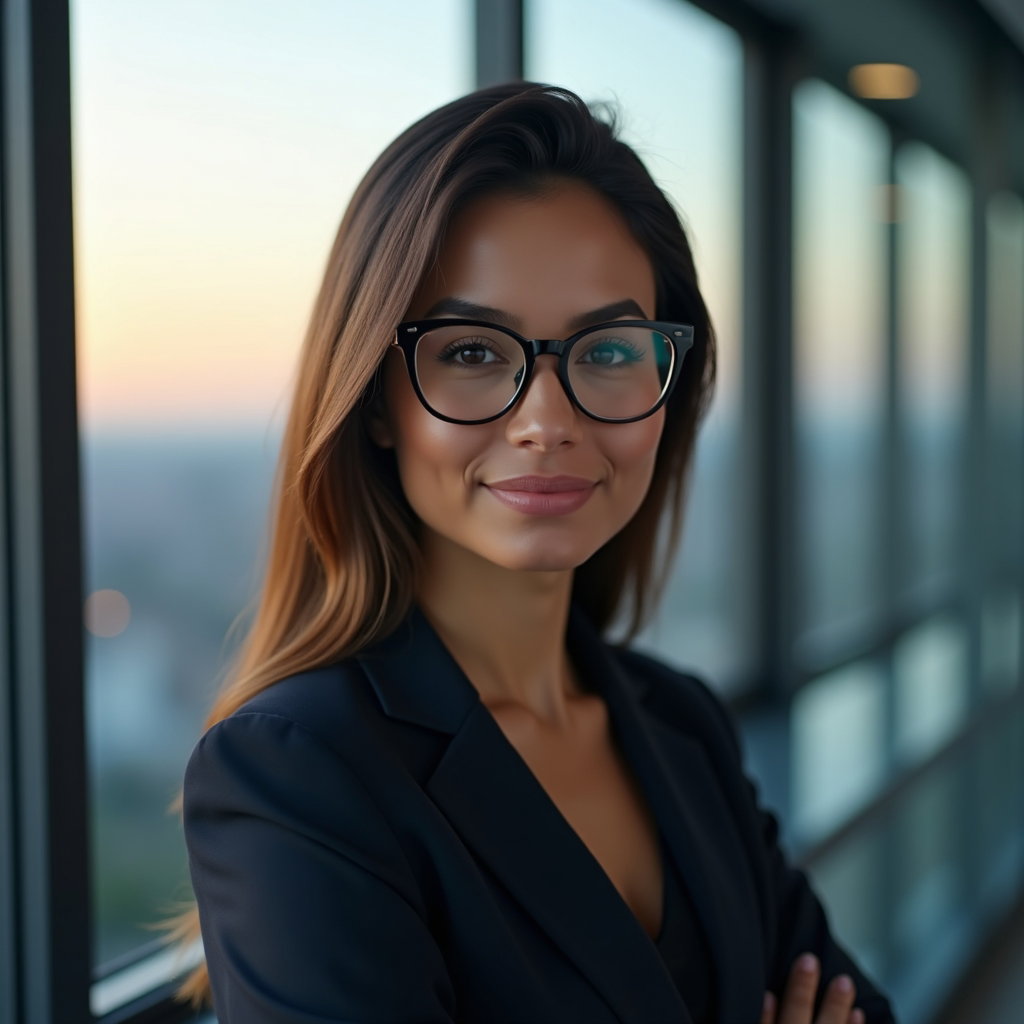 AI-generated photo: Professional headshot: Standing near a large office window with skyline bokeh and a soft New Year su...