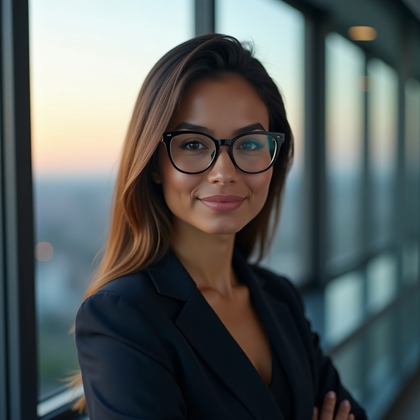 AI-generated photo: Professional headshot: Standing near a large office window with skyline bokeh and a soft New Year su...