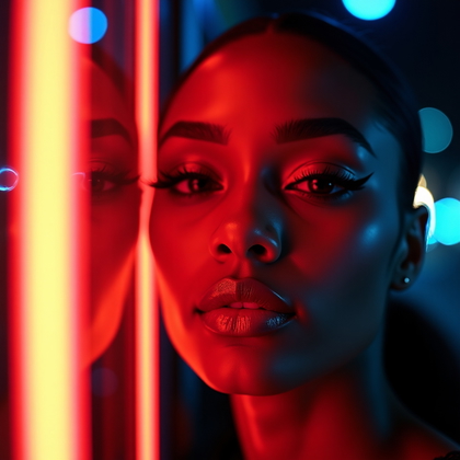 AI-generated photo: Photorealistic editorial beauty photograph at night with the subject inches from a spotless storefro...