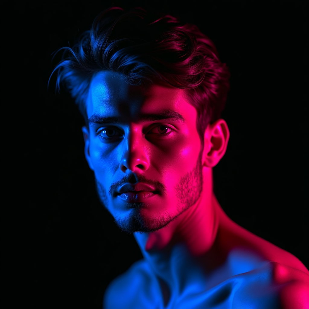 AI-generated photo: Photorealistic studio portrait. A close-up studio portrait with bold gel lighting, using only deep c...