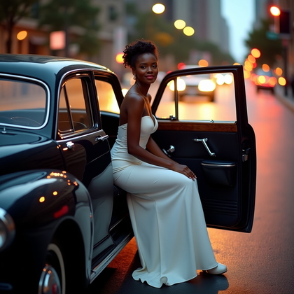 AI-generated photo: Photorealistic wedding photography: at the open door of a classic limousine, the bride perches on th...