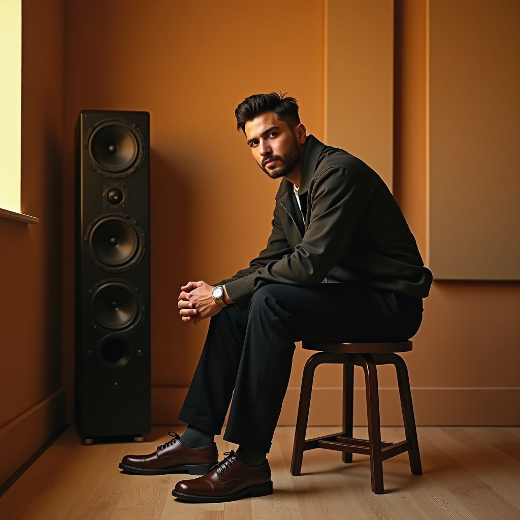 Clean Pop Album Cover Photos That Avoid Clutter example: Photorealistic pop album cover photo. Environmental portrait in a minimal recording studio corner, with the subject seat