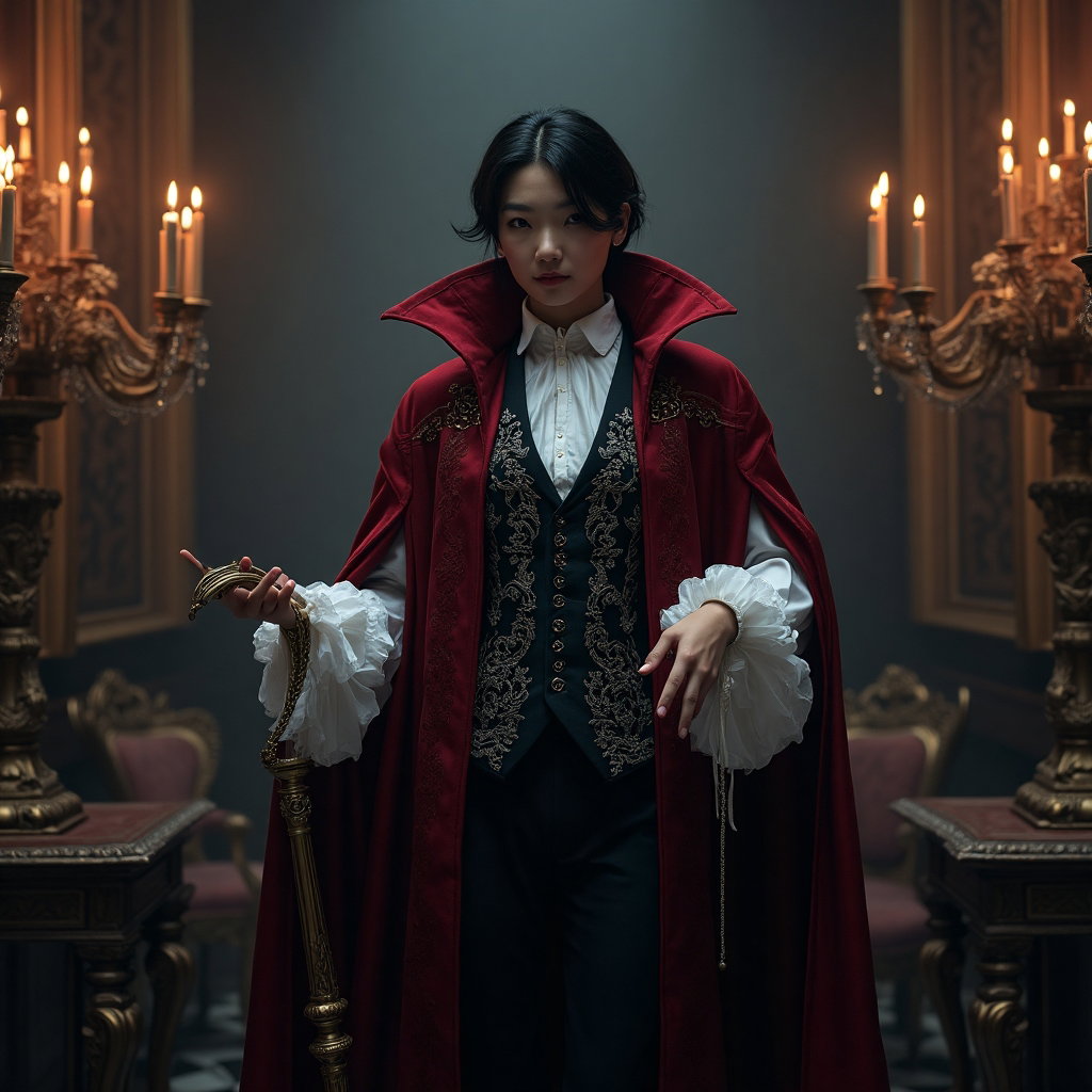 AI-generated photo: Gothic character photo portraying a mysterious vampire lord, draped in a long, dark crimson cloak wi...