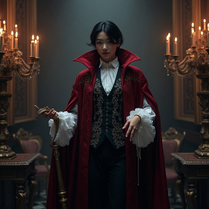 AI-generated photo: Gothic character photo portraying a mysterious vampire lord, draped in a long, dark crimson cloak wi...