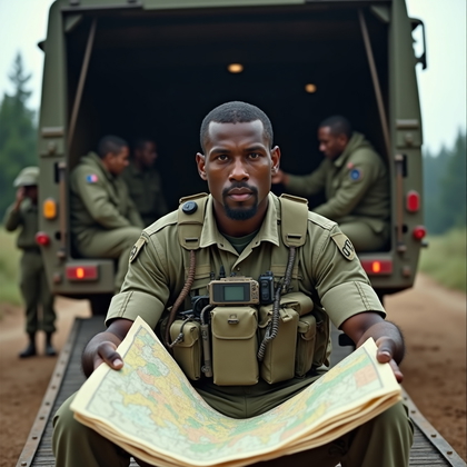 AI-generated photo: Photorealistic military field photography. On the rear ramp of an open transport vehicle parked in a...
