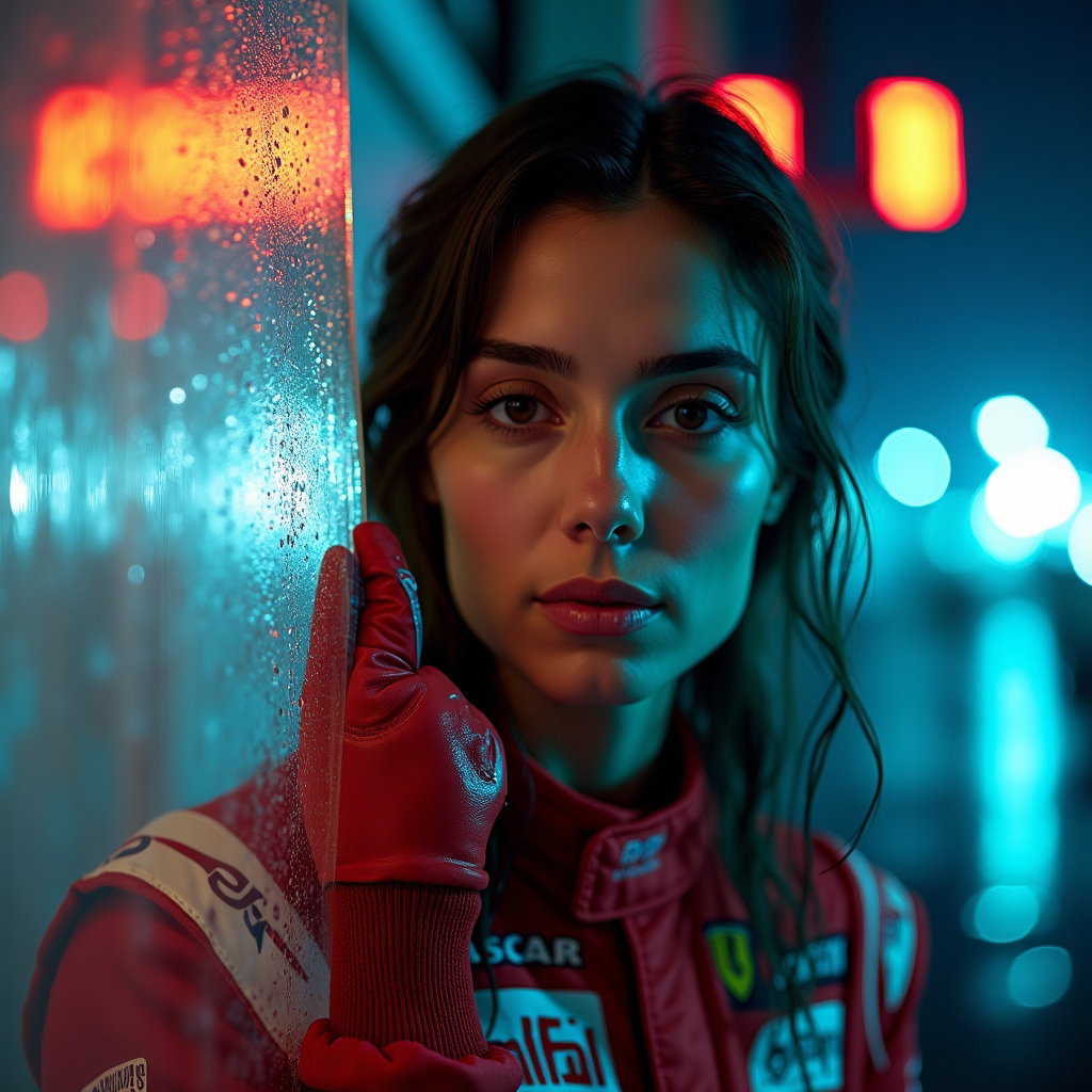 Garage Doorway Racing Suit Portrait example: Photorealistic creative motorsport portrait photography. Unexpected garage doorway portrait seen through a rain-speckled