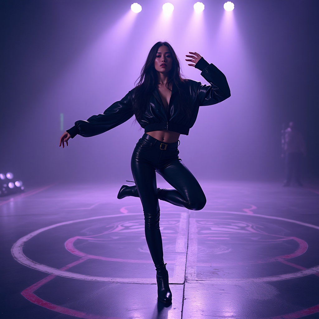 Dance-Pose Battle Portrait example: Cinematic K-pop fantasy portrait photography. Full-body portrait captured in a poised one-leg balance, one knee lifted s