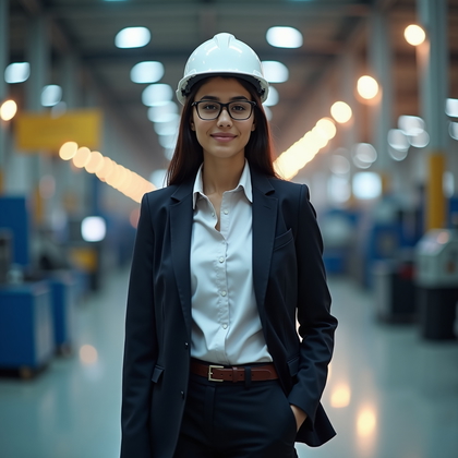 LinkedIn photo. Executive headshot on an immaculate manufacturing floor, with precision machinery and overhead gantry cranes abstracted into a tasteful blur, composed chest-up with a centered, assertive stance that conveys leadership. Tailored blazer and crisp shirt with a simple belt; a hard hat or safety glasses held low and out of the face to signal operational credibility while keeping features unobstructed. A neutral, color-balanced soft key ensures clean facial clarity against mixed industrial lighting, with a gentle hairline/shoulder rim to separate from the busy background and a subtle negative fill to add dimensionality. Warm practicals glow lightly in the distance, harmonizing with cooler factory tones for depth and realism. Expression poised and decisive with relaxed shoulders, projecting calm control. The overall aesthetic is high-end industrial corporate, clean and modern with restrained, professional grading.
