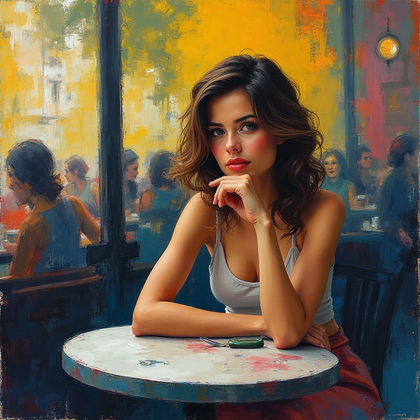 AI-generated photo: Expressionist painting. A vivid portrayal of a woman sitting in a crowded café, yet isolated within ...
