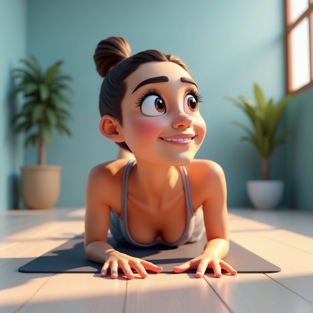 AI-generated photo: 3D toon render caricature in a minimalist gym setting, captured from a steep overhead angle as the s...