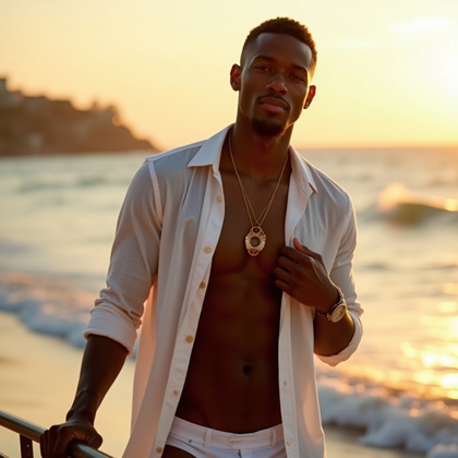 Photorealistic beach lifestyle portrait at golden hour with warm backlight flaring over gentle waves, subject in an open linen shirt over refined swimwear and a delicate pendant, one hand resting at the collar while the other grazes a sun-warmed railing, face turned to camera and clearly lit by a soft handheld reflector. Compose waist-up with rule-of-thirds placement, creamy ocean bokeh, wet sand texture, and luminous highlights that enhance an effortless, vacation-ready allure.