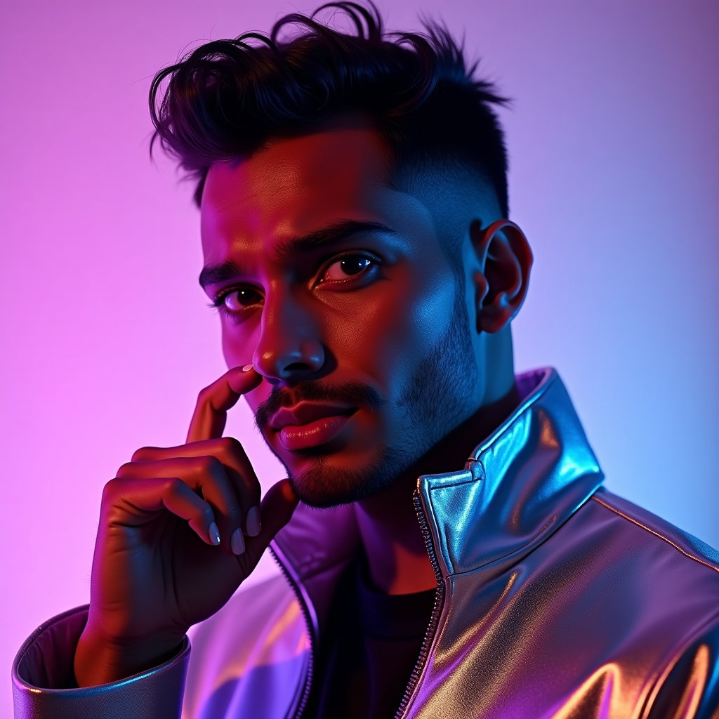 Tight Face Close-Up Pop Star Album Cover Photos example: Photorealistic pop star album cover photo. Half-body portrait with the face close to the top third of the frame, one han