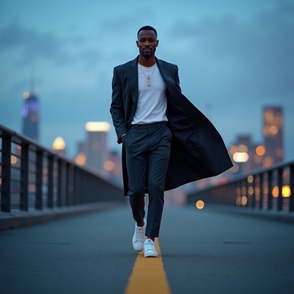 AI-generated photo: Photorealistic street fashion photography: rooftop at blue hour with skyline bokeh and dusky sky, su...