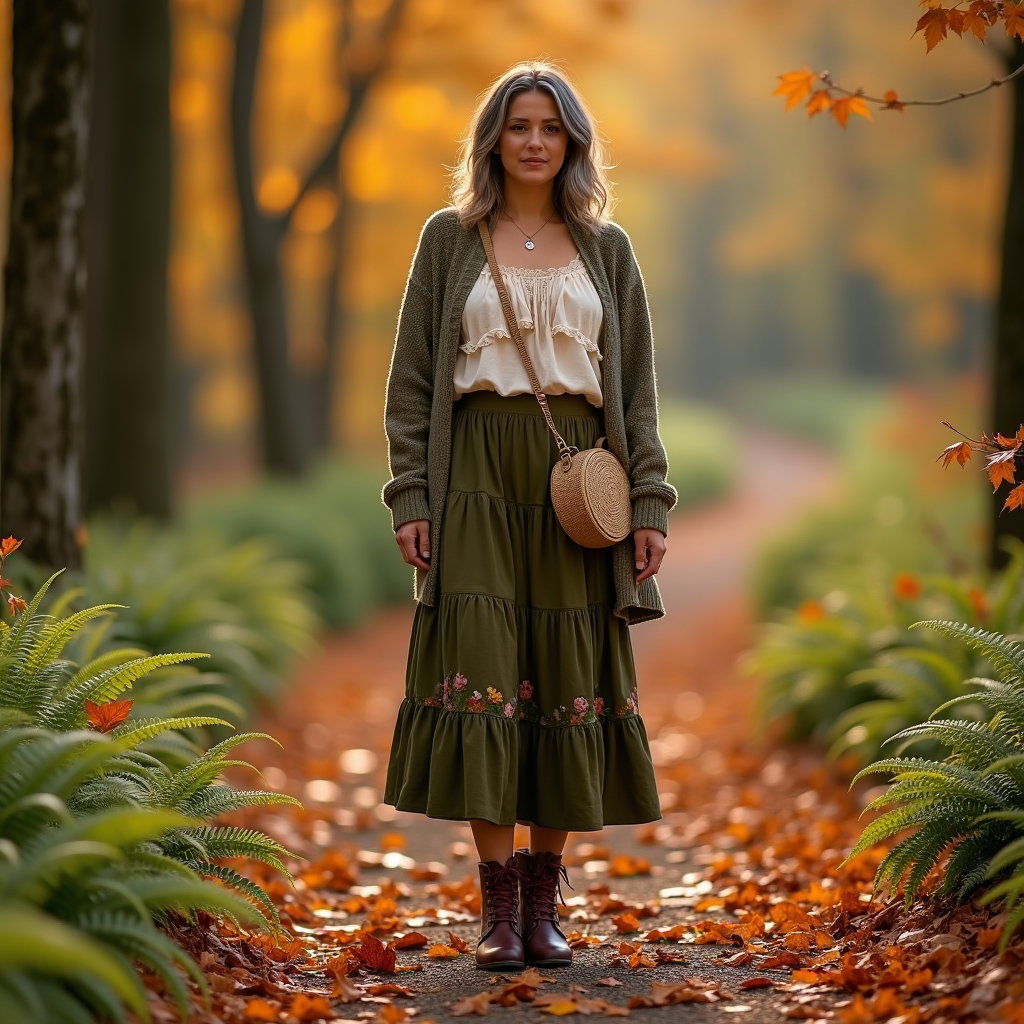 Portrait en pied sur un sentier forestier : portrait automnal en pied sur un sentier forestier, une personne debout sur un chemin sinueux couvert de feuilles ambrées, le corps légèrement de biais pour montrer la…