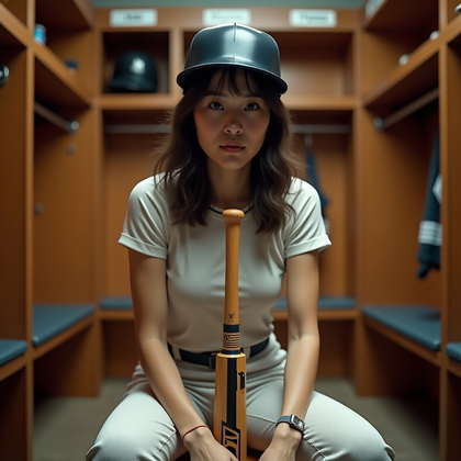 AI-generated photo: Photorealistic sports portrait photo inside the clubhouse locker row, seated on a low stool with for...