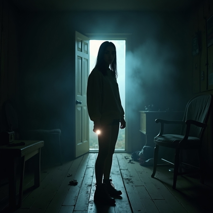 Flashlight-in-the-Dark Cabin Survivor example: Cinematic horror portrait photo. A full-body survivor portrait of the subject standing in the center of a shadowy cabin