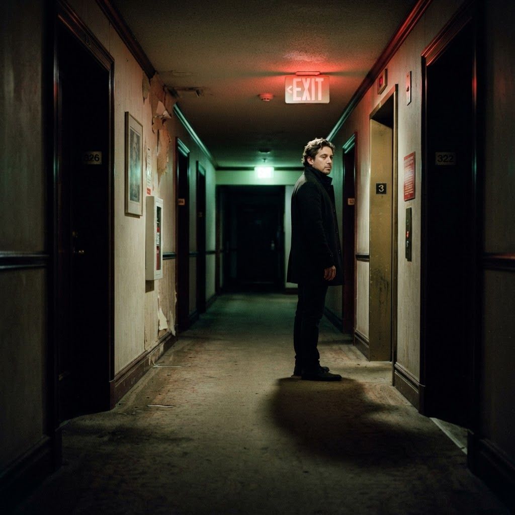Hotel Corridor Tension: Full-body personal photo at the far end of an old hotel hallway near closed elevator doors, one visible person stopped under a flickering…