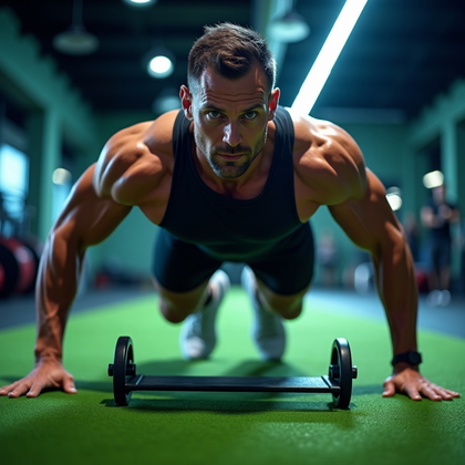 AI-generated photo: Photorealistic fitness photography of a sled push on a green turf lane in a modern gym, low front an...