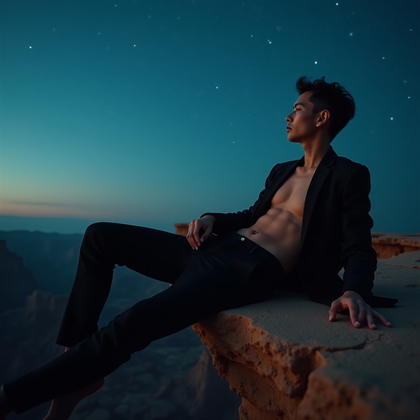 AI-generated photo: Photorealistic astro portrait on a high desert plateau with a razor-thin cliff edge and strong datin...