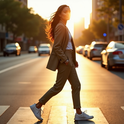 AI-generated photo: Photorealistic street fashion photography: sunlit city crosswalk at golden hour, subject mid-stride ...