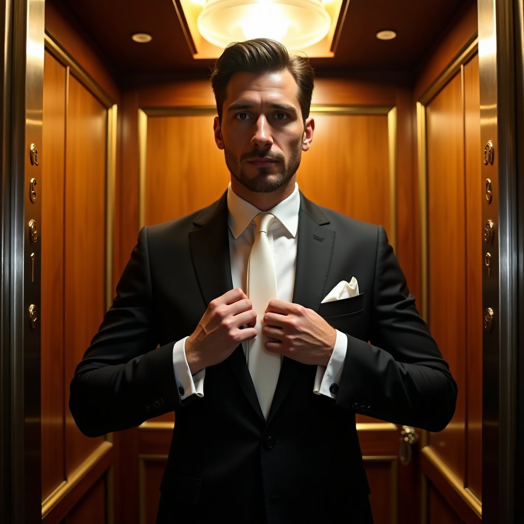 AI-generated photo: Photorealistic wedding photo; in a vintage elevator with brushed-brass panels, deco numerals, and a ...