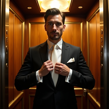 AI-generated photo: Photorealistic wedding photo; in a vintage elevator with brushed-brass panels, deco numerals, and a ...