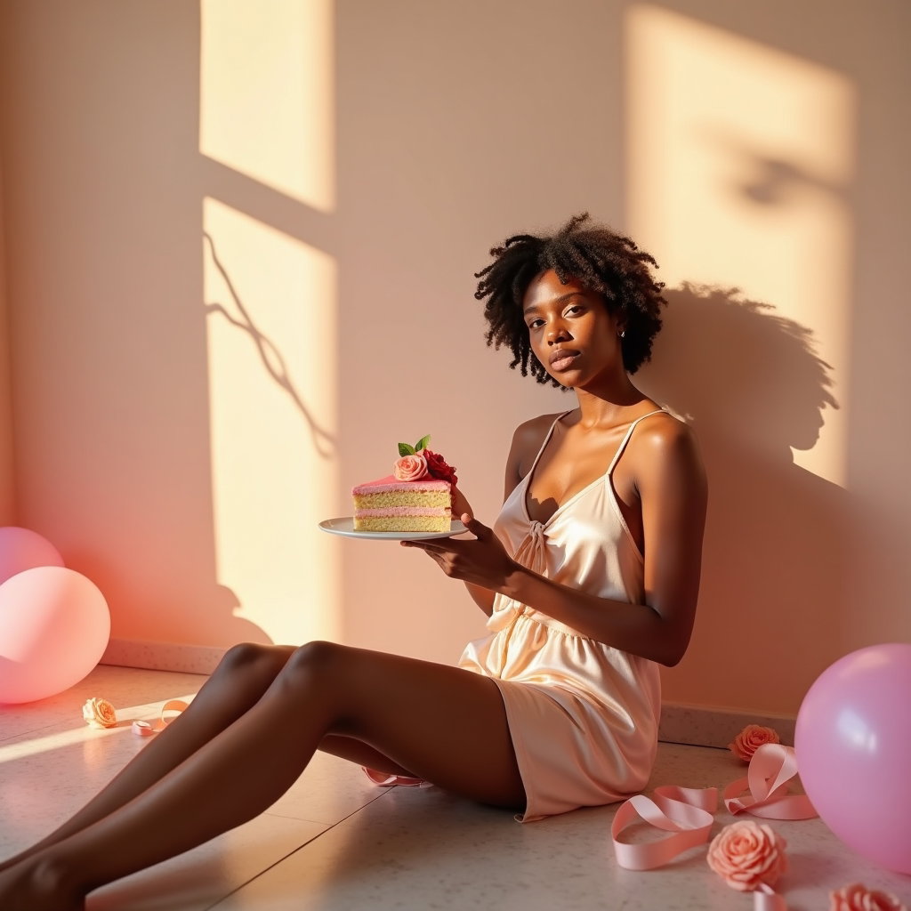 Soft Birthday Morning Lifestyle Portraits example: Photorealistic creative lifestyle portrait photography. Unexpected birthday morning portrait with the subject seated on