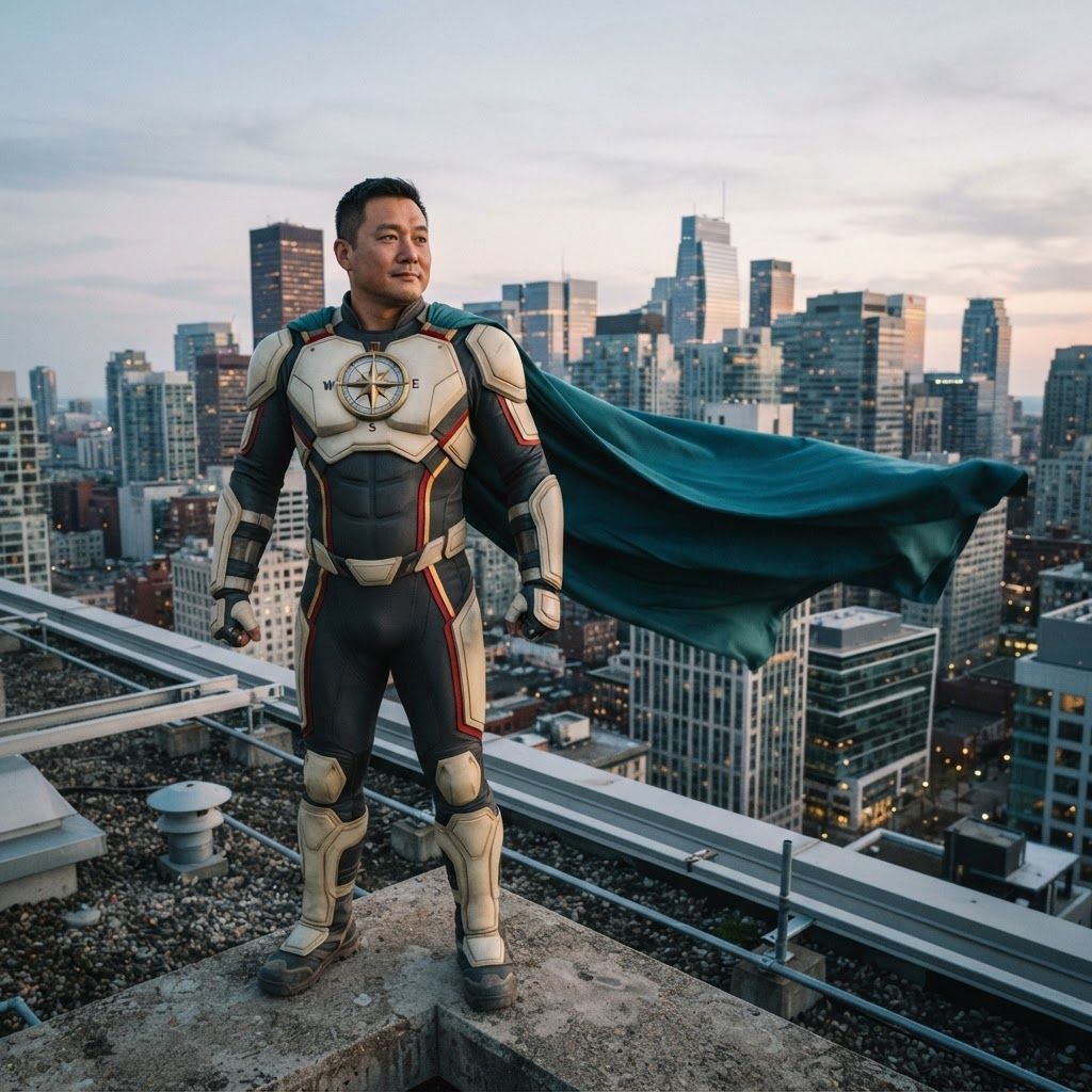 Comic-Book Superhero Above the City: Low-angle rooftop photo at pale dawn, framed full length against layered office towers.